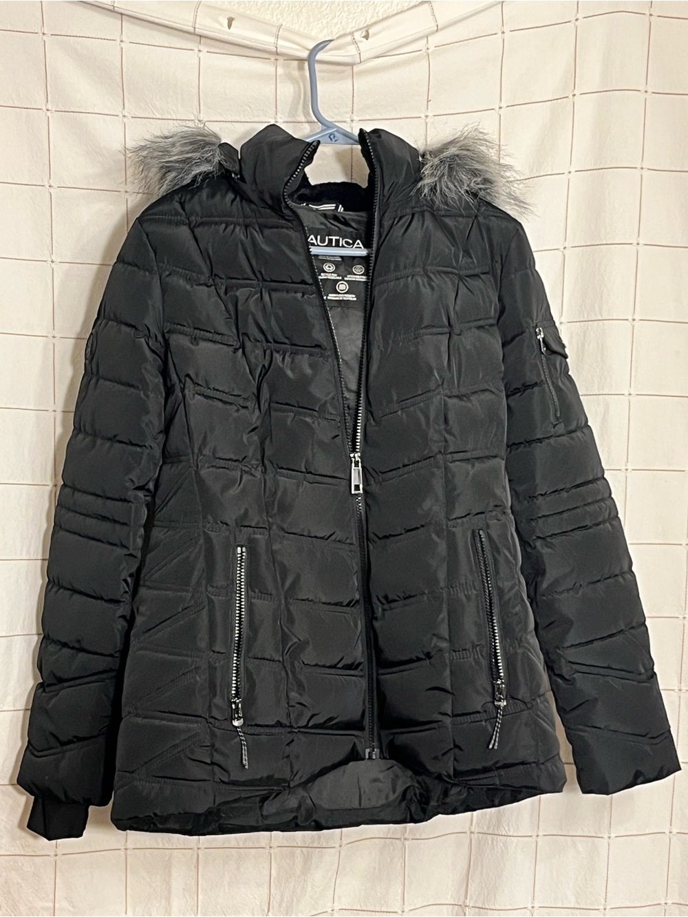 Nautica Black Quilted Puffer Coat with Faux Fur-Trim Hood
